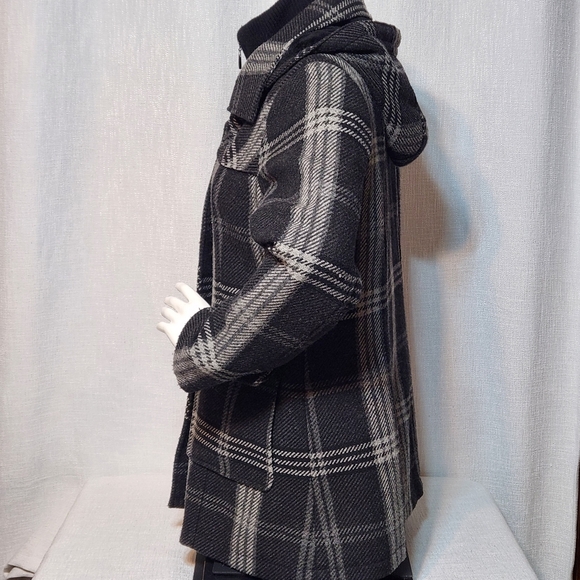 Fleet Street Wool Blend Plaid Hooded Coat Large Black and White Zippered Snaps - Picture 6 of 14